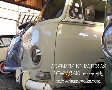 Classic Volks campervan advertising image.